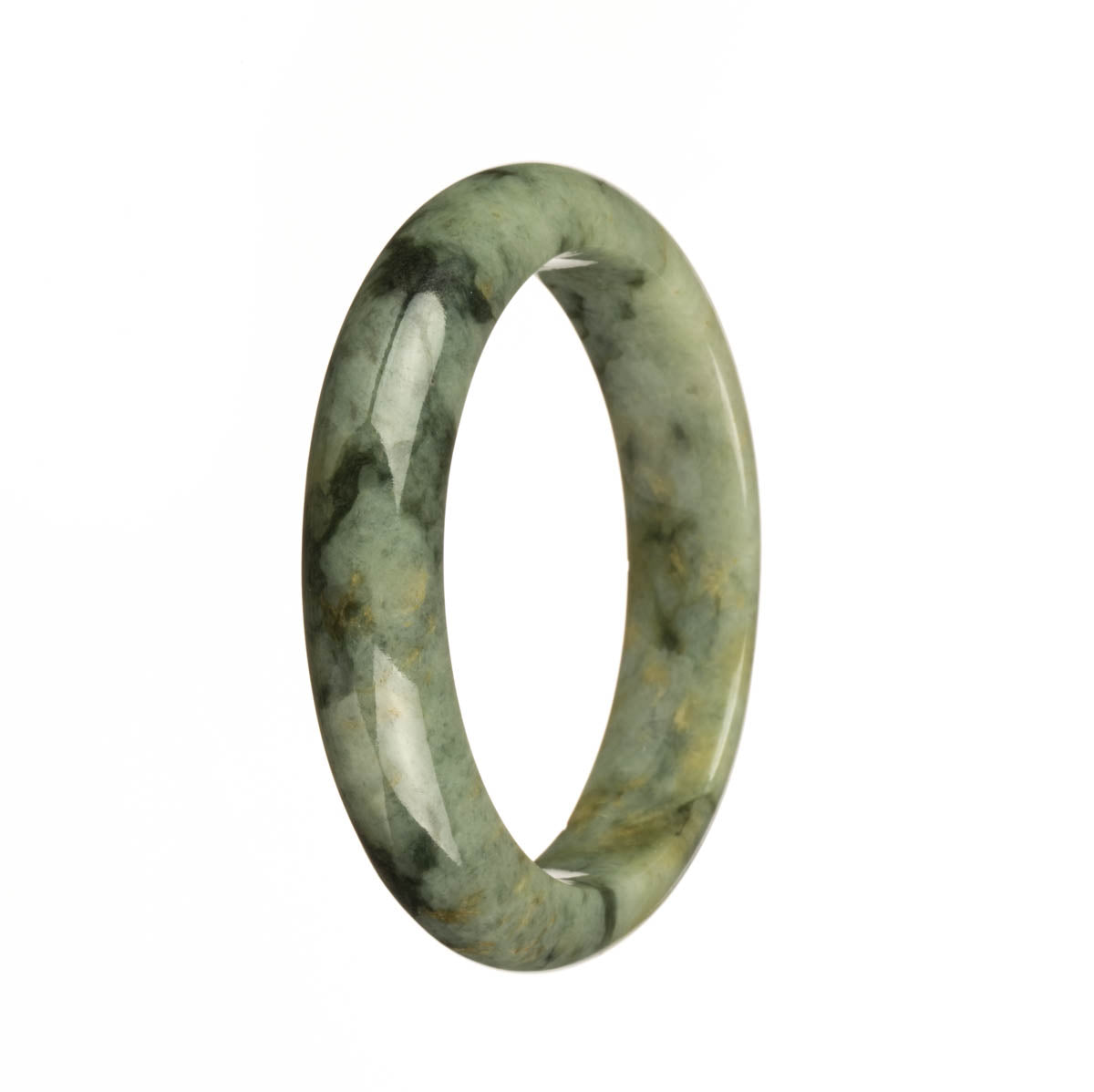 A stunning half moon jade bracelet with intricate green and yellow patterns, made from high-quality Grade A green jade. Perfect for adding a touch of elegance to any outfit.