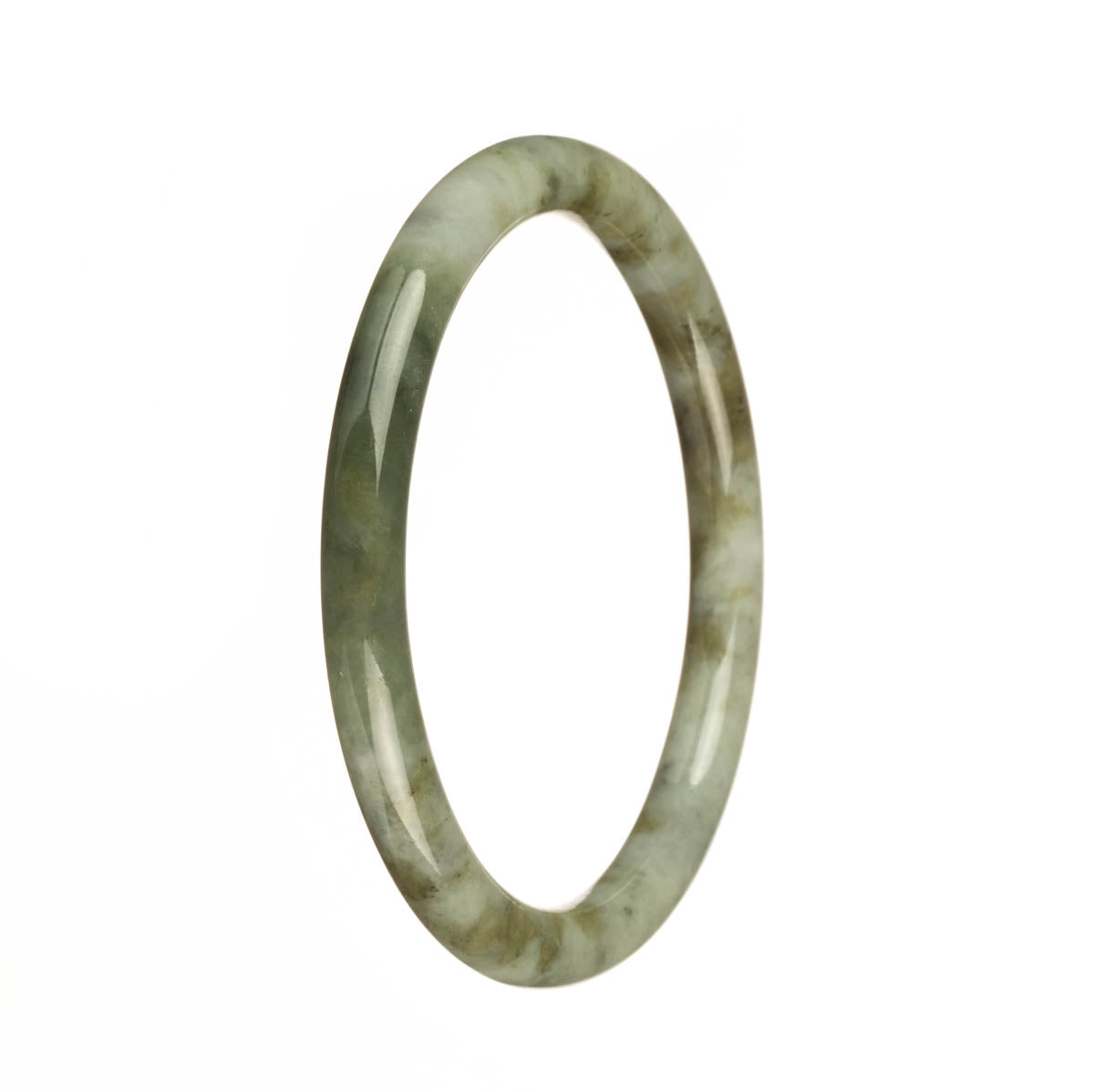 Authentic Grade A White with Olive Green Pattern Jadeite Jade Bracelet - 62mm Petite Round