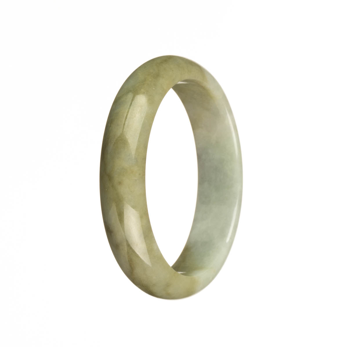 A beautiful and authentic half moon-shaped jade bangle bracelet in pale green and brown colors.