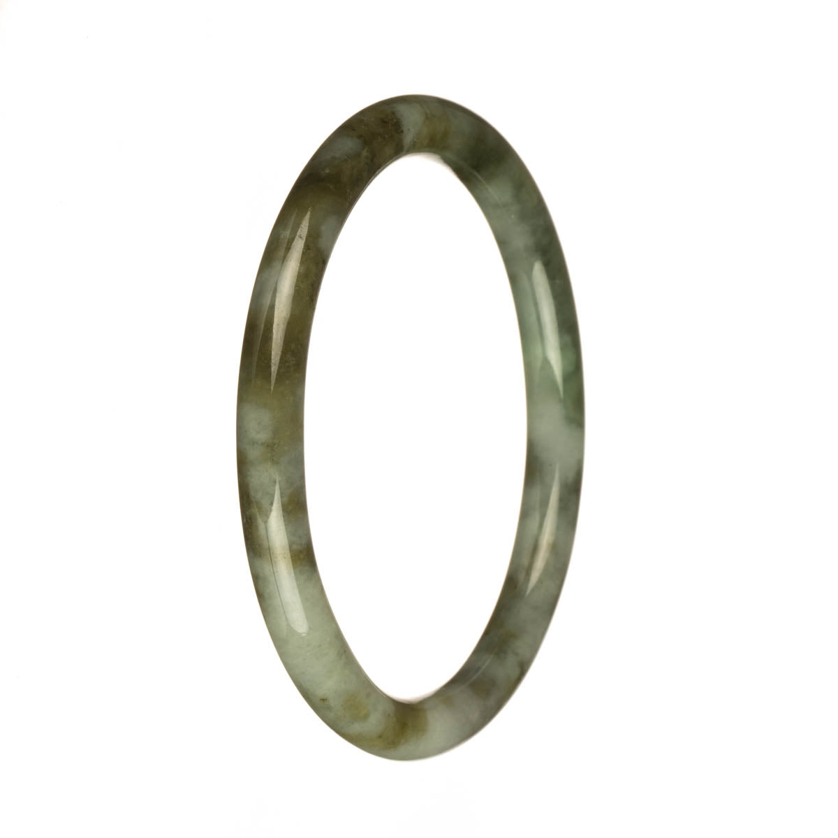 A unique and elegant jadeite bangle bracelet, featuring a genuine Type A light grey stone with beautiful olive green and green patterns. This petite round bracelet measures 61mm in diameter. A stunning piece from MAYS GEMS.