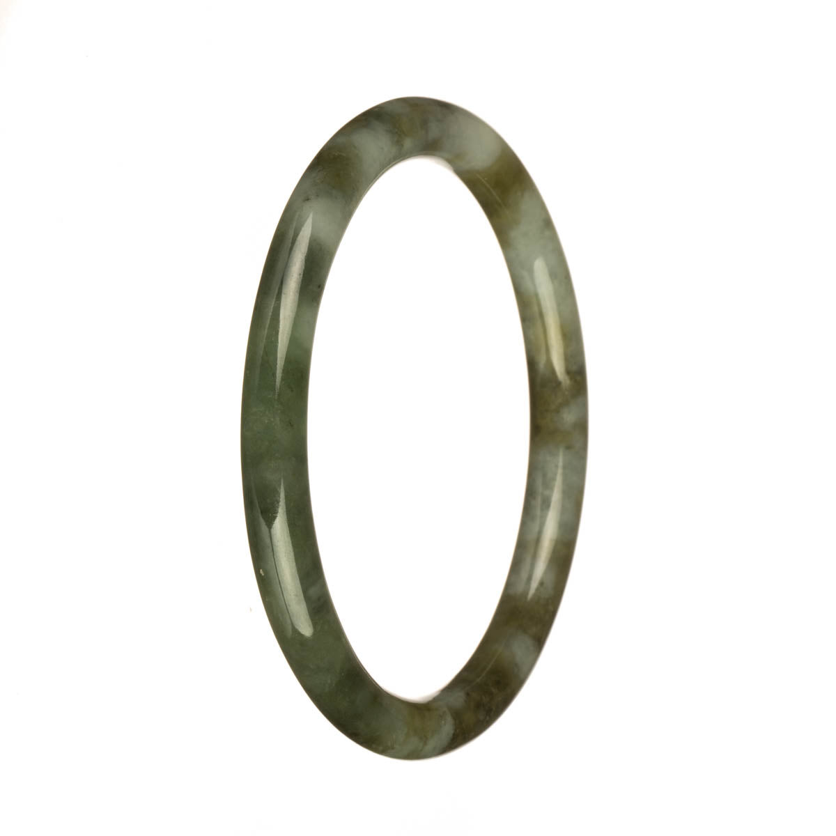 A small, round jade bangle with a light grey color and beautiful olive green and green patterns.