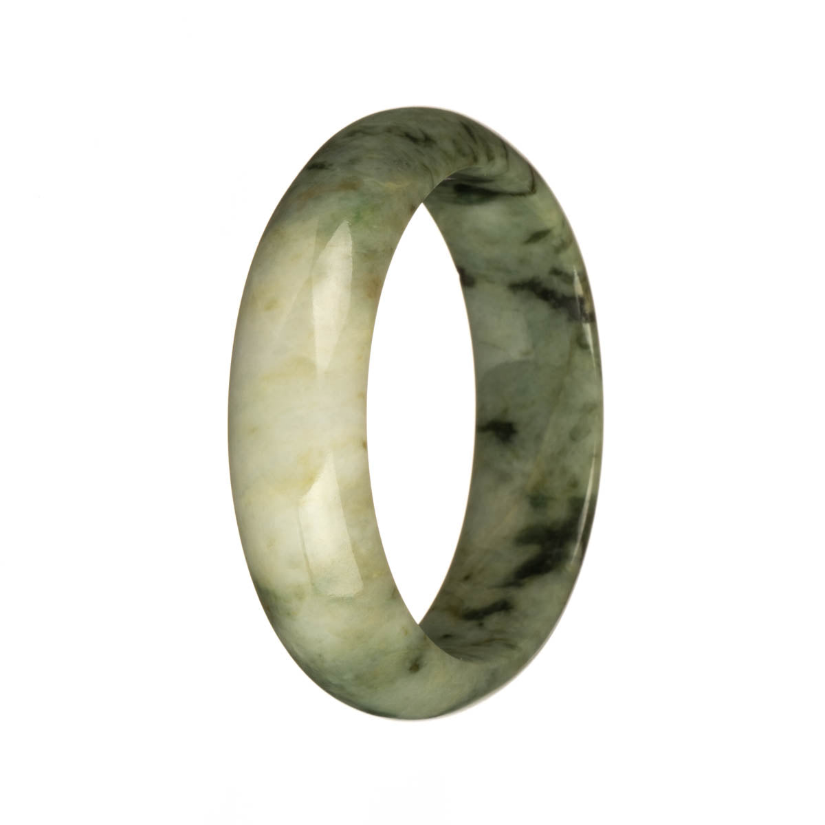 A beautiful white jadeite bracelet with olive green patterns in a half moon shape. It is certified Grade A and measures 55mm. Perfect for adding an elegant touch to any outfit.