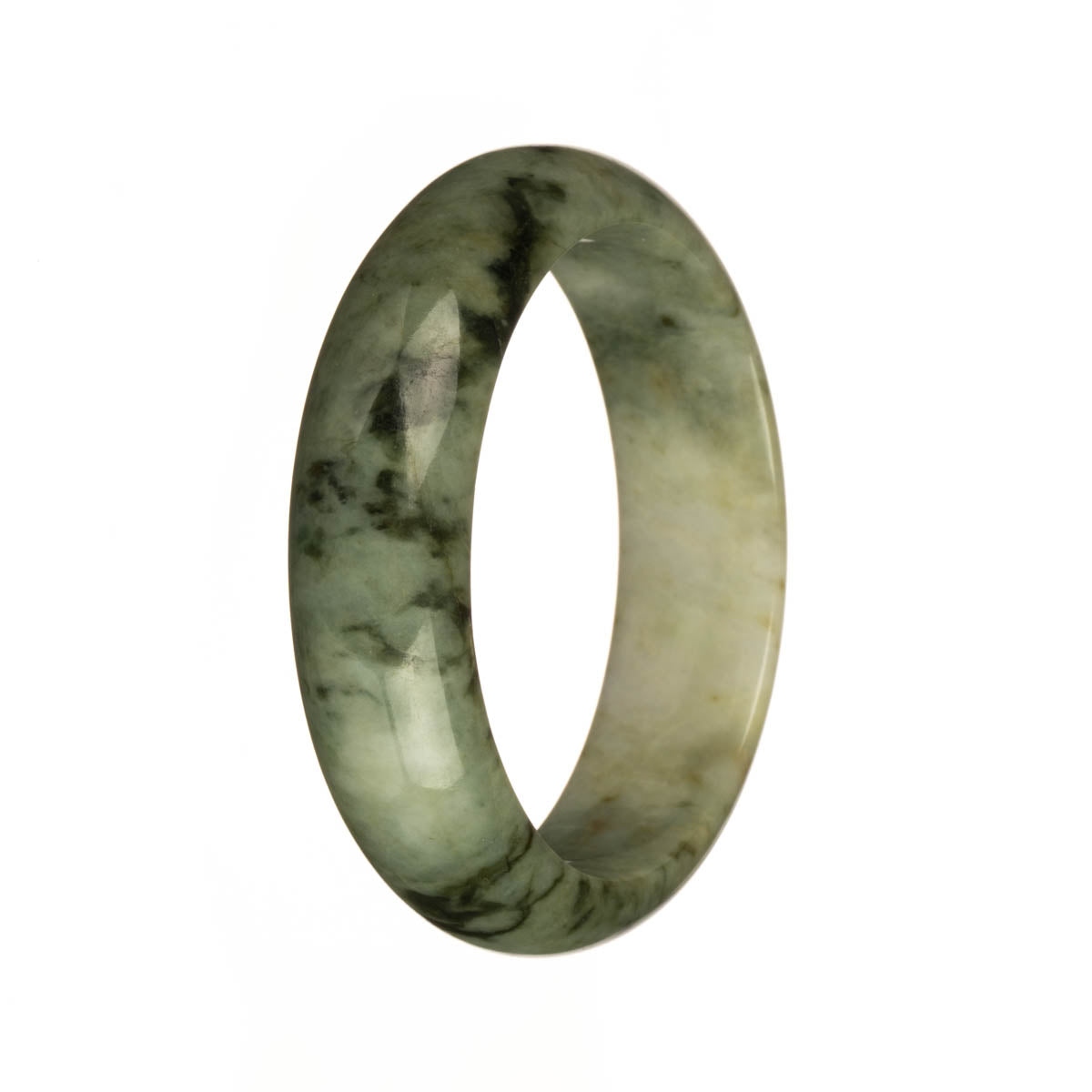 A half-moon shaped Burmese Jade bracelet with genuine natural white and olive green patterns.