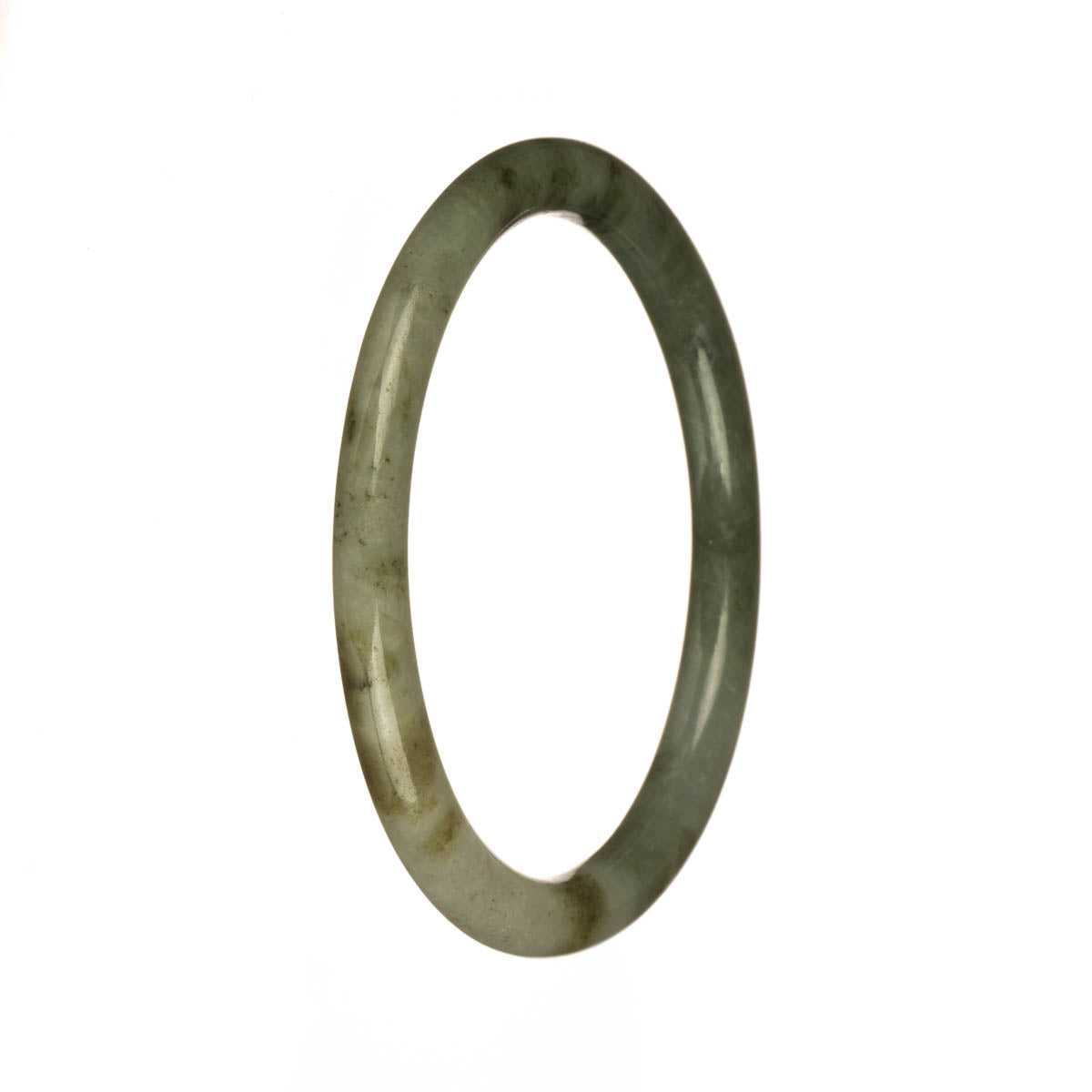 A stunning jade bangle bracelet featuring a mix of grey and olive green tones with beautiful brown spots. The bracelet is petite and round, measuring 58mm in size. Crafted with genuine Grade A Burma jade, this bracelet is a timeless and elegant piece of jewelry.