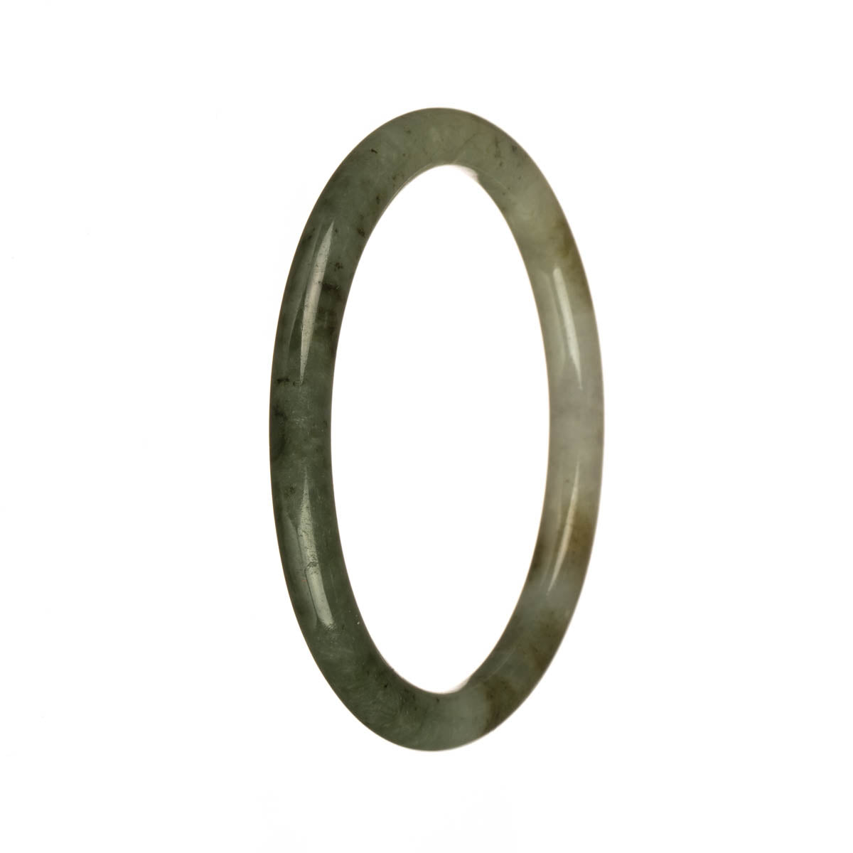 A dainty round jade bracelet featuring a mix of natural grey and olive green colors, adorned with brown spots.