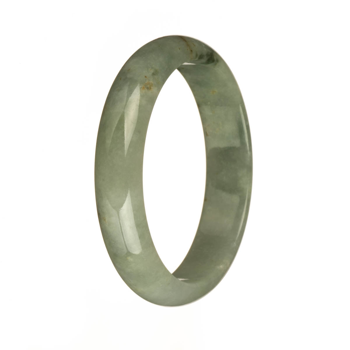 A pale green jade bangle with brown spots, untreated and authentic, in a 60mm half moon shape. Offered by MAYS GEMS.