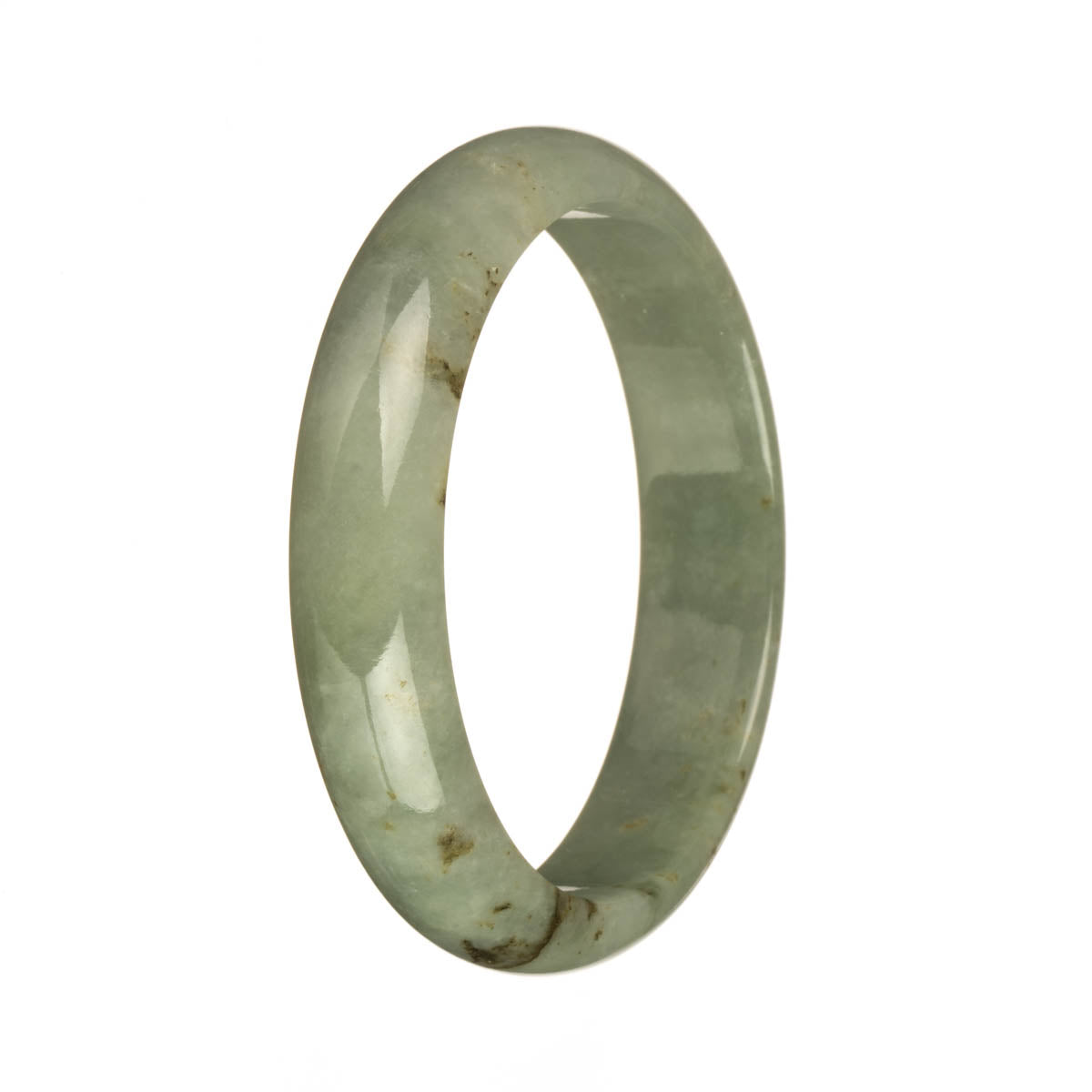 A close-up image of a pale green jade bracelet with brown spots. The bracelet is in the shape of a half moon and is made from genuine grade A jade. The bracelet has a diameter of 60mm and is from the brand MAYS.