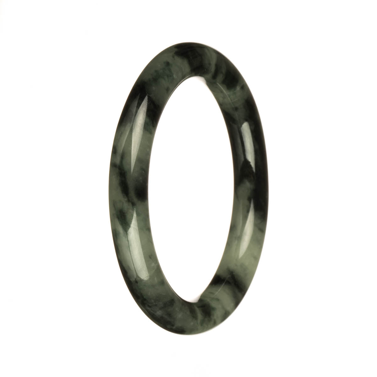 A close-up photo of an intricately designed pale green jade bangle bracelet. The bracelet features deep green patterns and has a petite round shape with a diameter of 56mm. It is a traditional and authentic piece of jewelry from the brand MAYS™.