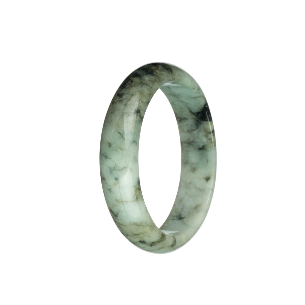 A stunning Burma Jade bracelet featuring a Real Grade A Pale Green stone with beautiful Olive Green and Dark Green patterns, in a 58mm Half Moon design. A true gem from MAYS GEMS.