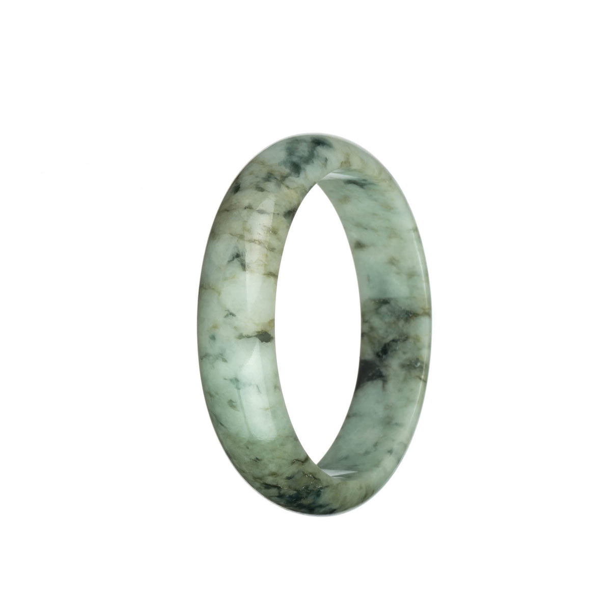 A beautiful, genuine Type A pale green jadeite jade bangle bracelet with intricate olive green and dark green patterns. This bracelet features a 58mm half moon shape and is a stunning piece from MAYS.