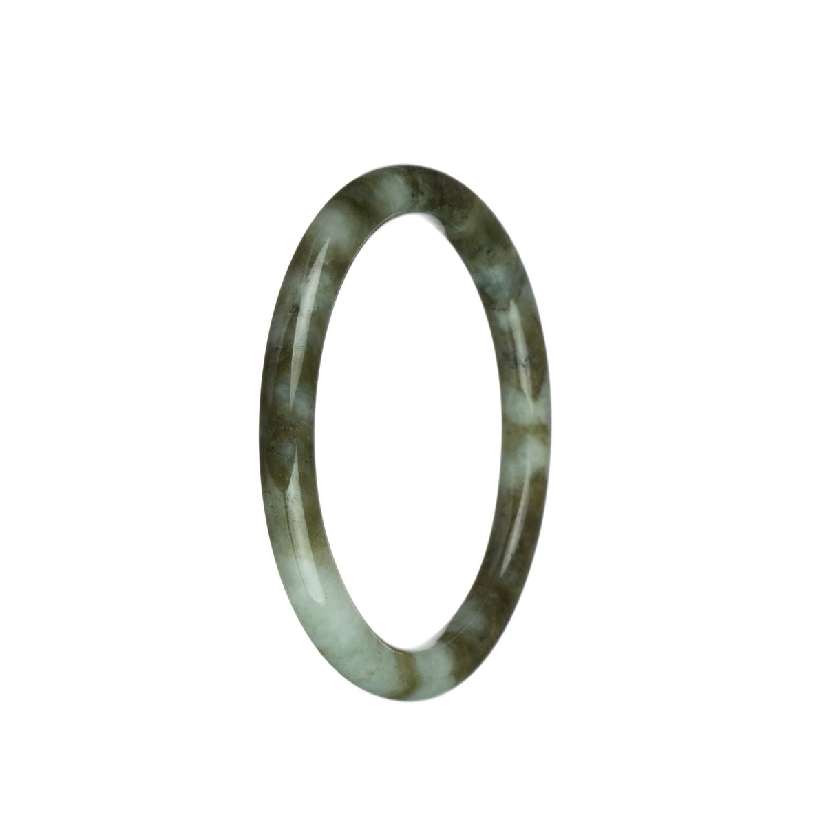 Authentic Natural Greyish White and White with Olive Green Patterns Jadeite Jade Bangle - 60mm Petite Round