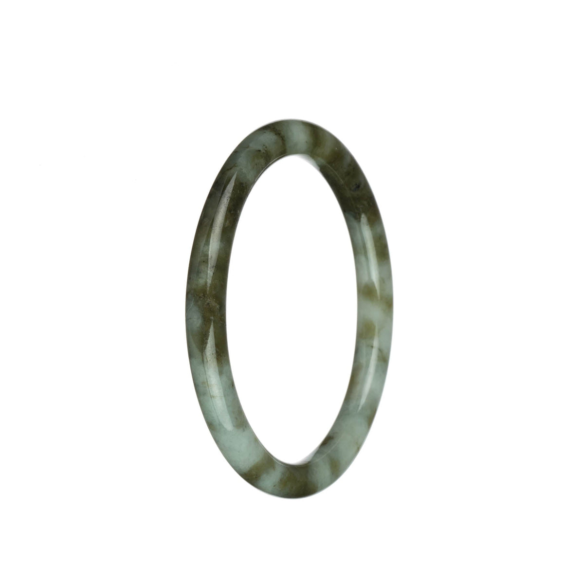 A close-up image of a petite round jadeite jade bangle, showcasing its authentic natural greyish white and white colors with olive green patterns.