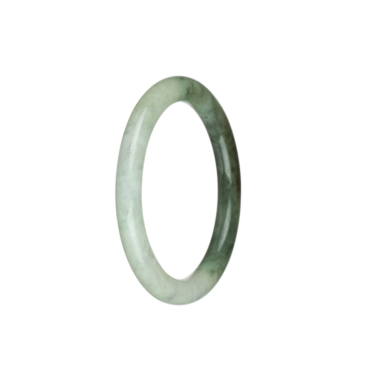 A dainty round jadeite jade bracelet in shades of green and pale green, featuring a unique brown patch.