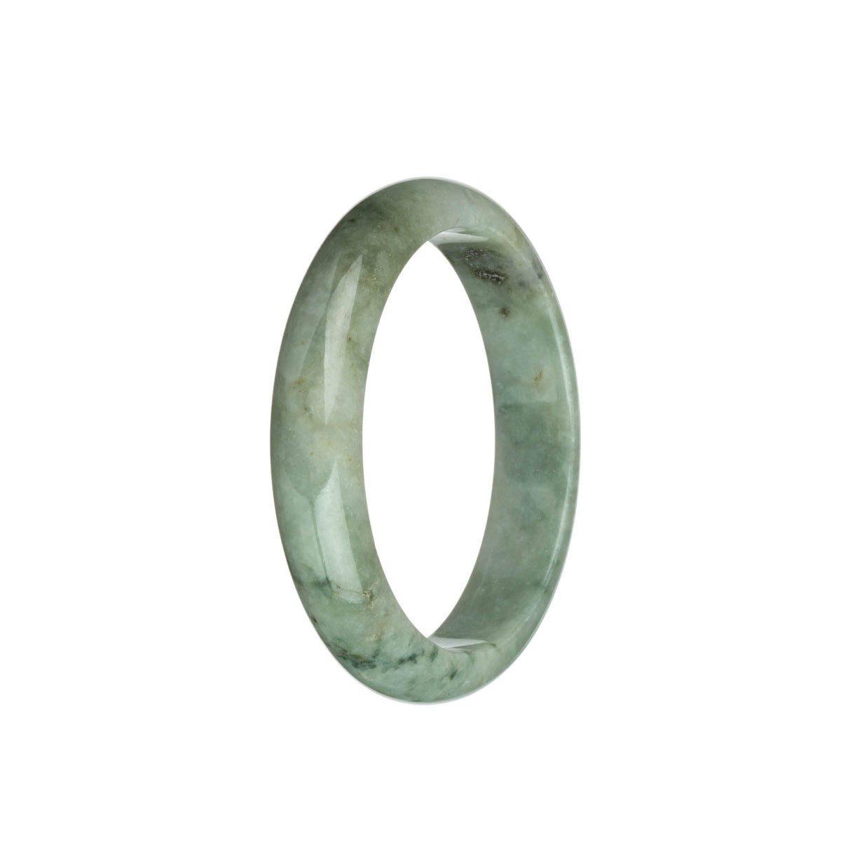 A stunning Burma Jade bracelet with a half moon shape, featuring a certified Type A Green with Brown and Dark Green Specks design. This exquisite piece is brought to you by MAYS™.