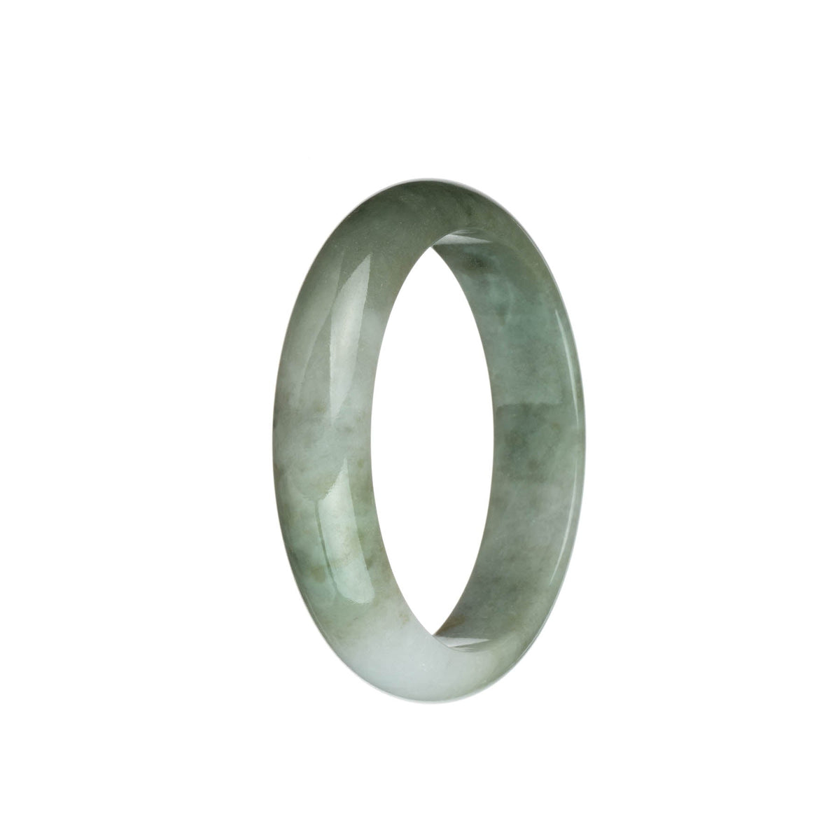 A beautiful half moon-shaped Burmese jade bangle with a mix of white and green colors, adorned with brown spots.