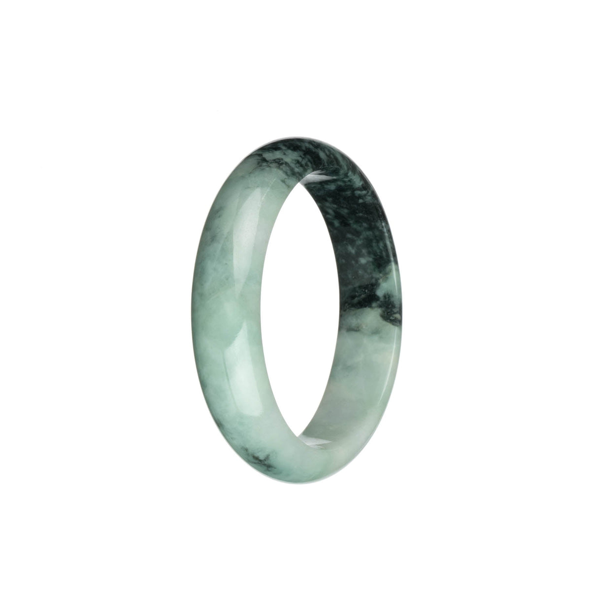 Genuine Type A Light Green with Black Jade Bangle - 53mm Half Moon