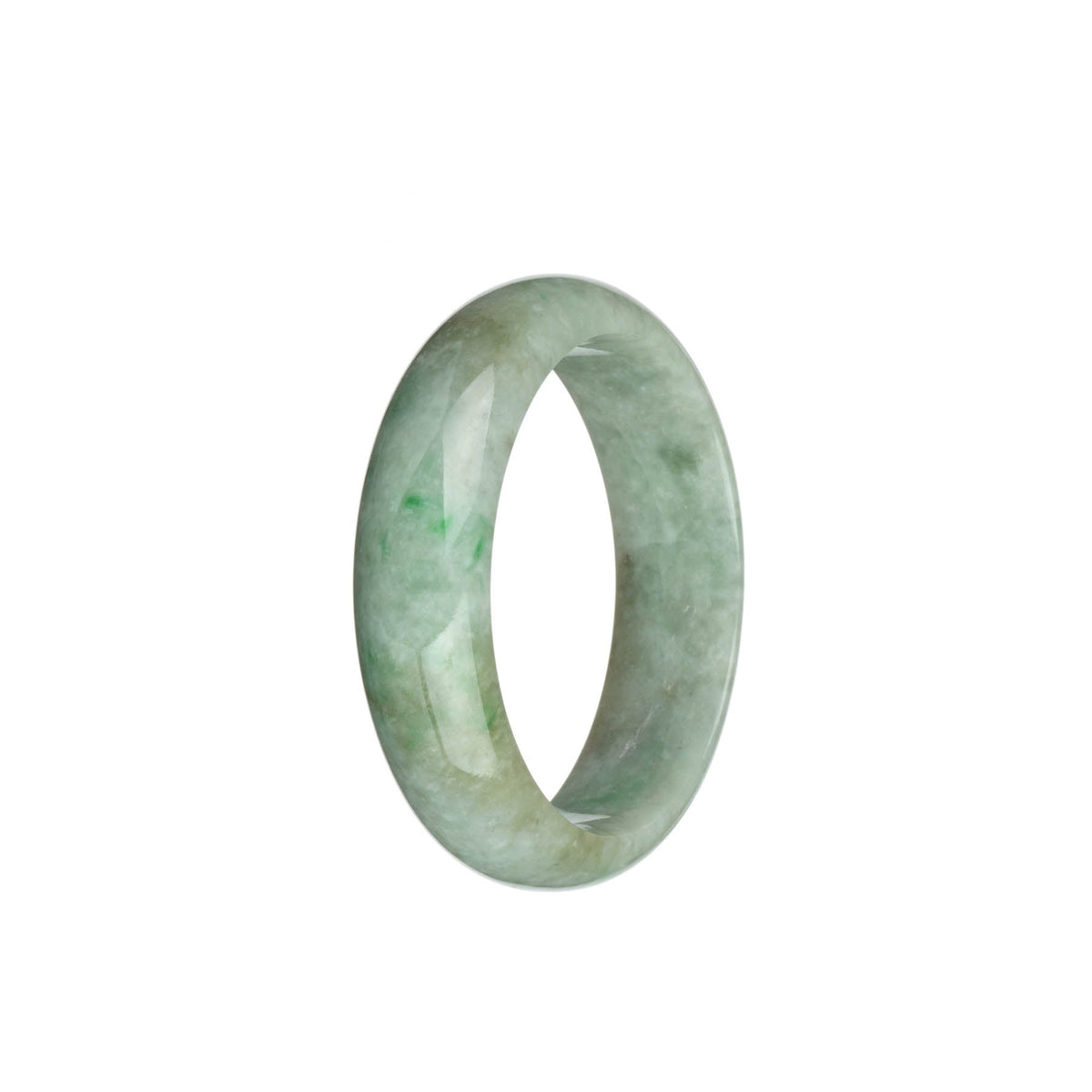 A stunning Burmese jade bracelet with a half-moon shape, featuring real grade A light grey jade with intricate emerald green patterns and light brown patches. Perfect for adding an elegant touch to any outfit.