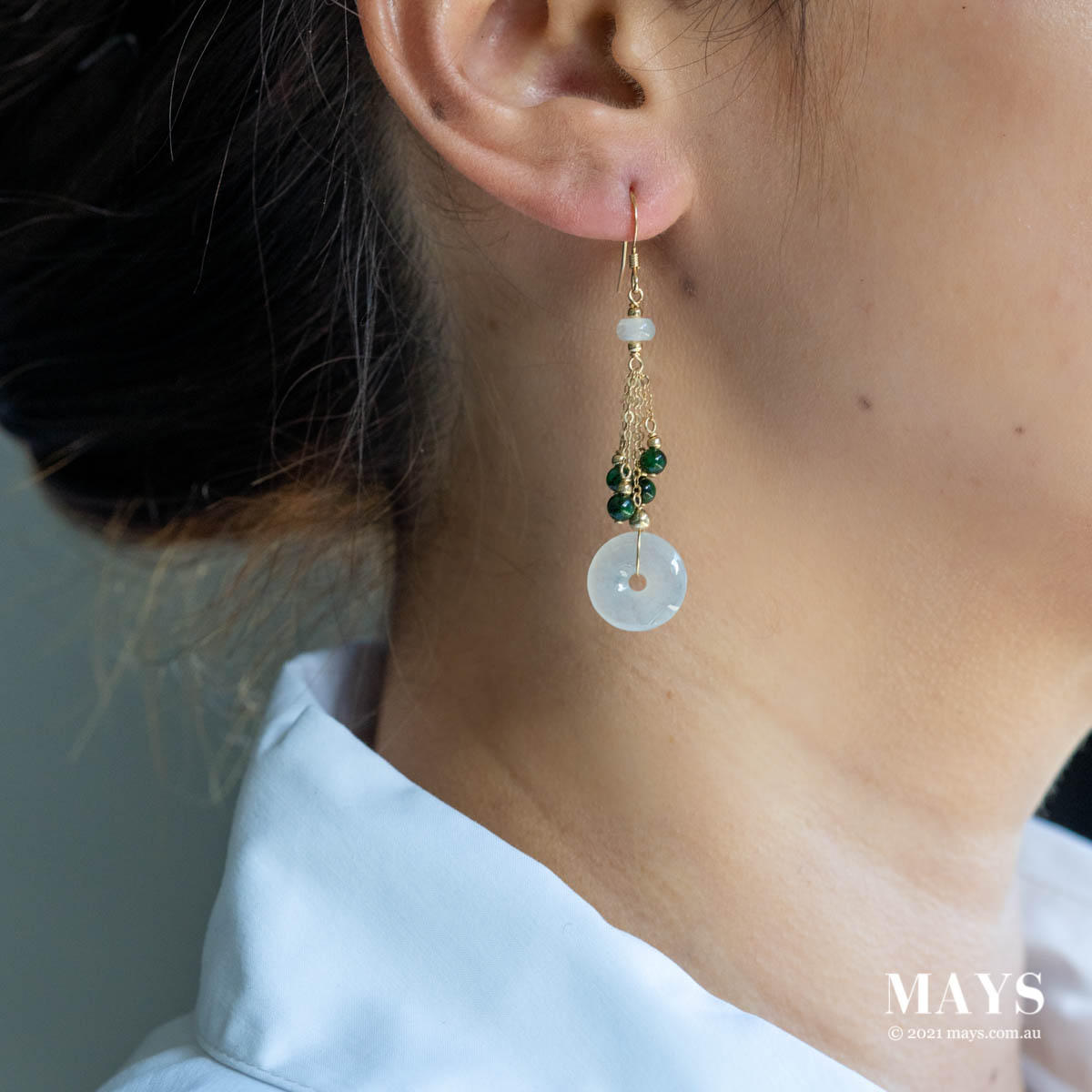 Icy White Jade Gold Drop Earrings