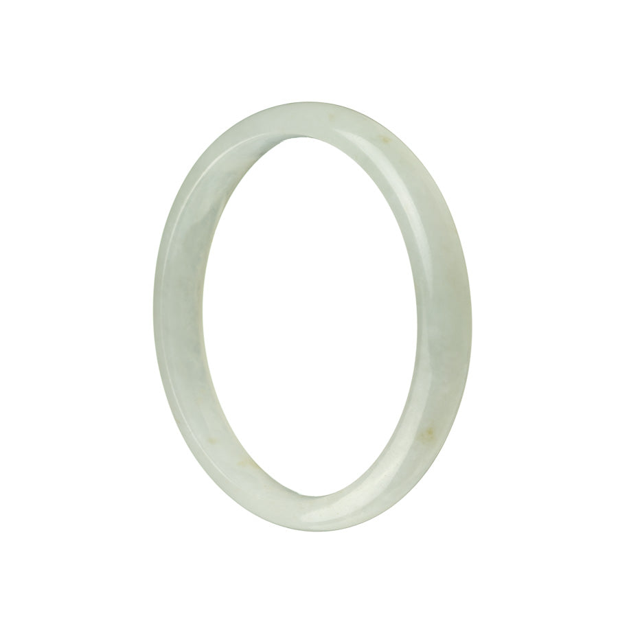 A close-up of a sleek, white Burma jade bangle bracelet with a semi-round shape, measuring 55mm in diameter. The bracelet is made from certified natural jade and is adorned with the brand name "MAYS".