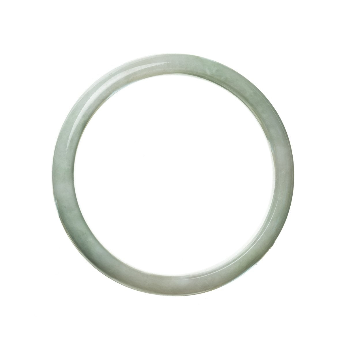 A close-up image of a delicate half-moon-shaped bangle bracelet made of genuine untreated pale green jadeite. The bracelet measures 57mm in diameter and features a smooth and polished surface. The jadeite stone has a soft and soothing green hue, giving the bracelet a tranquil and elegant appearance. Created by MAYS™.