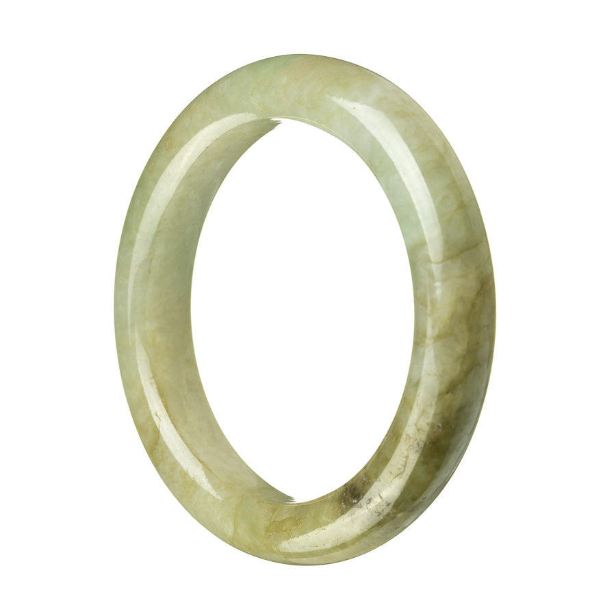 A close-up photo of a beautiful green jadeite bangle bracelet, certified as Grade A quality. The bracelet is 58mm in diameter and has a semi-round shape. It features a vibrant green color and is made with genuine jadeite. The brand name "MAYS™" is also mentioned.