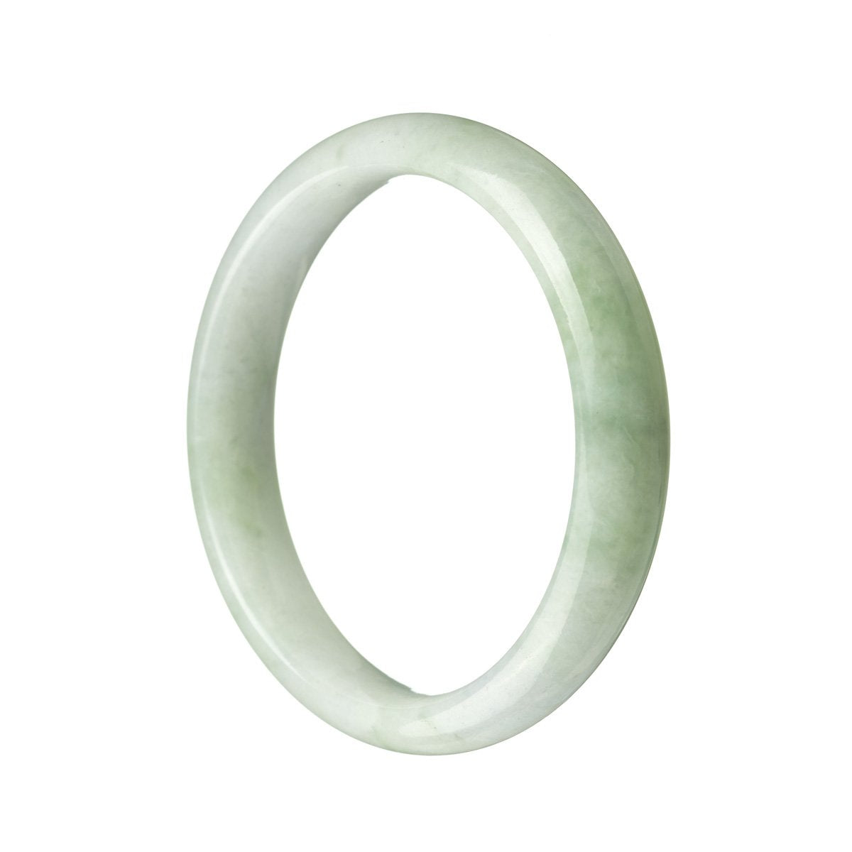 A stunning pale green lavender traditional jade bracelet in a half moon shape, measuring 57mm. Exquisite craftsmanship by MAYS GEMS.