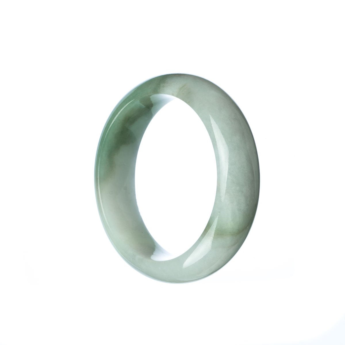 A half moon-shaped green and white jade bangle, specifically designed for children. Certified and untreated, sourced from MAYS GEMS.