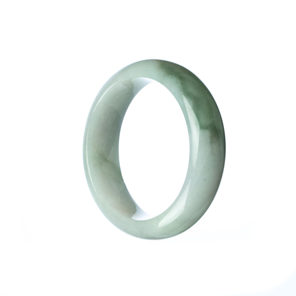 A beautiful half moon-shaped green and white Burmese jade bangle, made with high-quality Grade A jade. Perfect for a child.