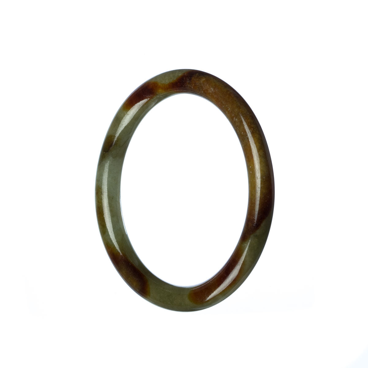 A close-up photo of a small, round jade bangle bracelet with a green and brown coloration. The jade appears to be untreated and has a smooth, polished surface. The bracelet measures 52mm in diameter and is considered petite in size. It is certified by MAYS GEMS.