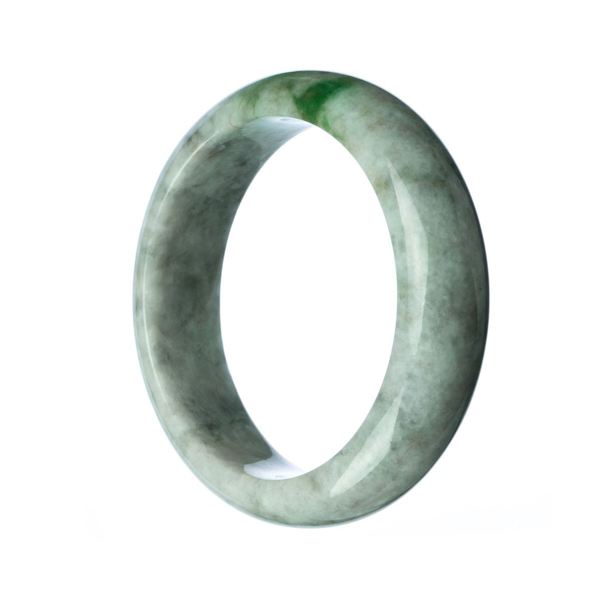 A close-up shot of a beautiful grey jadeite bangle bracelet in a half moon shape, featuring natural patterns and textures. The bracelet has a smooth and polished surface, showcasing the unique color and characteristics of the grey jadeite stone. The 58mm size makes it a comfortable and stylish accessory for everyday wear.