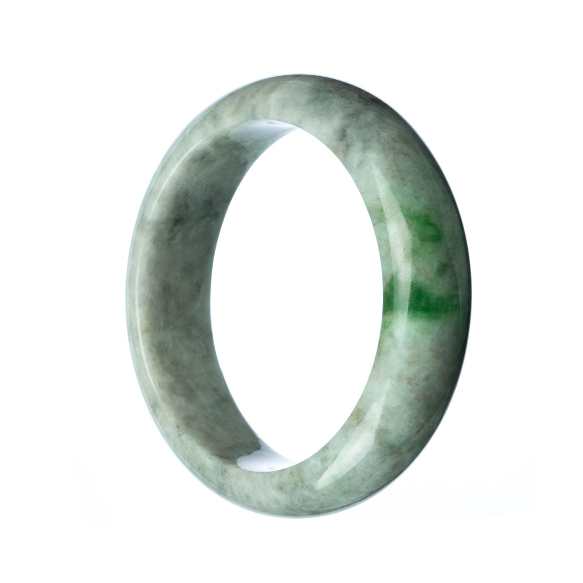 A close-up of a sleek, half moon-shaped grey jade bangle bracelet. Its smooth surface reflects the light, showcasing the natural beauty of the stone. The bangle has a 58mm diameter, making it a perfect fit for the wrist. Crafted with precision, this Real Grade A Grey Jade Bangle Bracelet from MAYS is an elegant and timeless piece of jewelry.