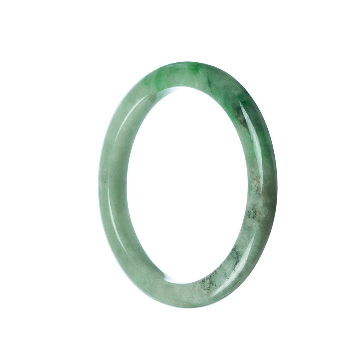 A close-up photo of a stunning green jadeite jade bangle bracelet with a semi-round shape, measuring 58mm in diameter. The bracelet, made from high-quality Grade A jade, showcases the intricate patterns and vibrant green color that jadeite is renowned for. This exquisite piece of jewelry is offered by MAYS GEMS.