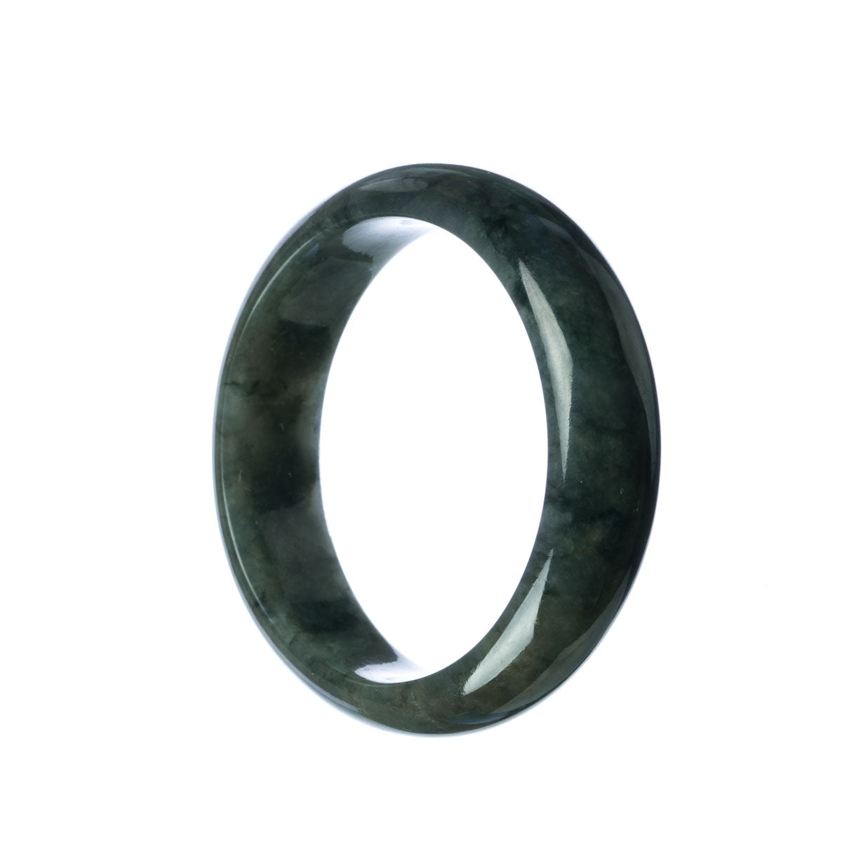 Close-up image of a sleek, half-moon shaped bracelet made of high-quality, dark grey Burmese jade. The smooth surface and exquisite craftsmanship make it a timeless and elegant piece of jewelry.