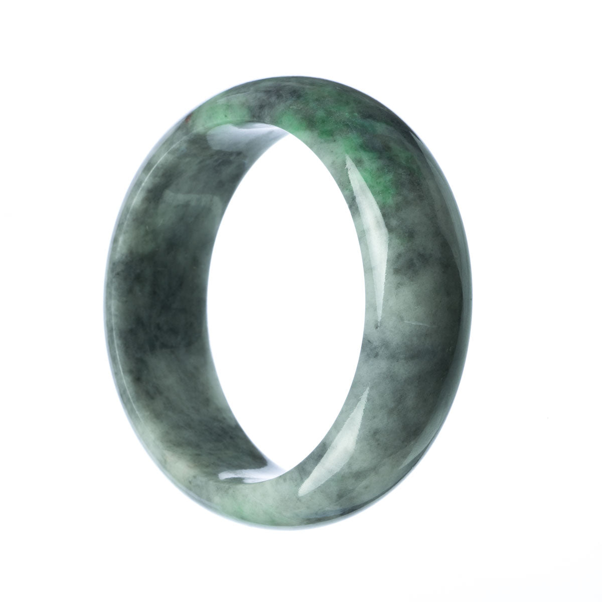 A flat, 62mm traditional jade bangle in a certified Type A grey green color, featuring the MAYS™ brand.