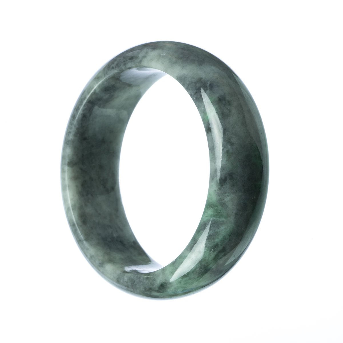 A close-up image of a traditional jade bracelet with a grey-green color. The bracelet is made of high-quality Grade A jade and has a flat shape. It measures 62mm in diameter. Manufactured by MAYS GEMS, a trusted brand in gemstones.