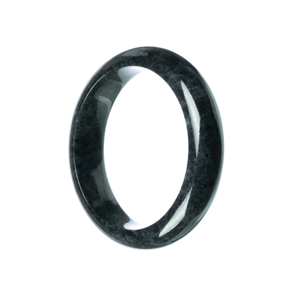 An image of an authentic black Burma Jade bangle with a half moon shape, measuring 59mm. This bangle showcases the natural beauty and authenticity of Burma Jade, making it a stunning piece of jewelry.