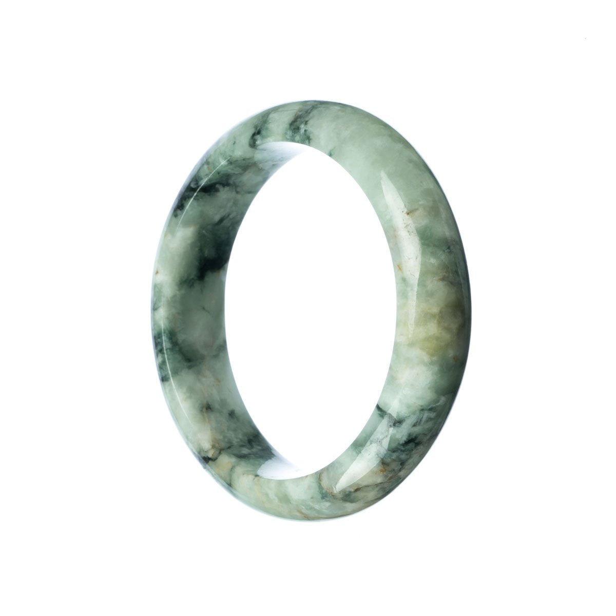 A close-up photo of a pale green jadeite bangle with a half moon shape, measuring 57mm. The bangle is made of genuine untreated jadeite and is sold by MAYS GEMS.