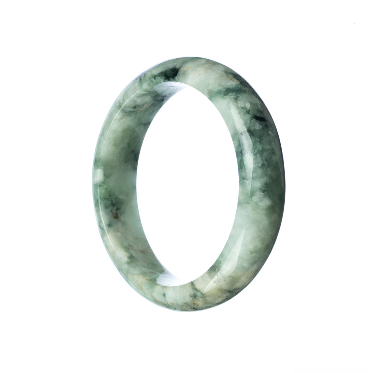 Close-up image of a pale green jade bracelet with a half moon shape, made from authentic Grade A jadeite jade.