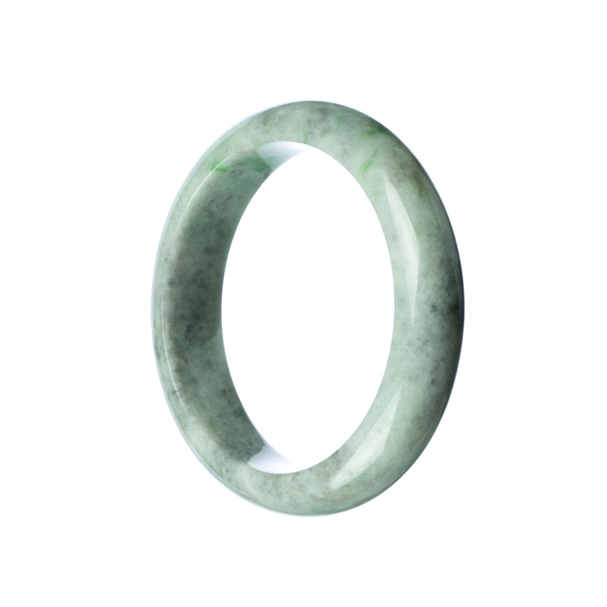 A close-up photo of an elegant, natural grey-green jade bangle with a smooth, polished surface. The bangle has a half-moon shape and measures 58mm in diameter. It is a genuine piece of jadeite jade, known for its beautiful color and durability.