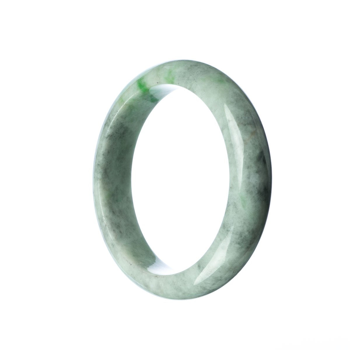 A half moon shaped grey green jade bangle, certified as Grade A quality, measuring 58mm in diameter. Made by MAYS.