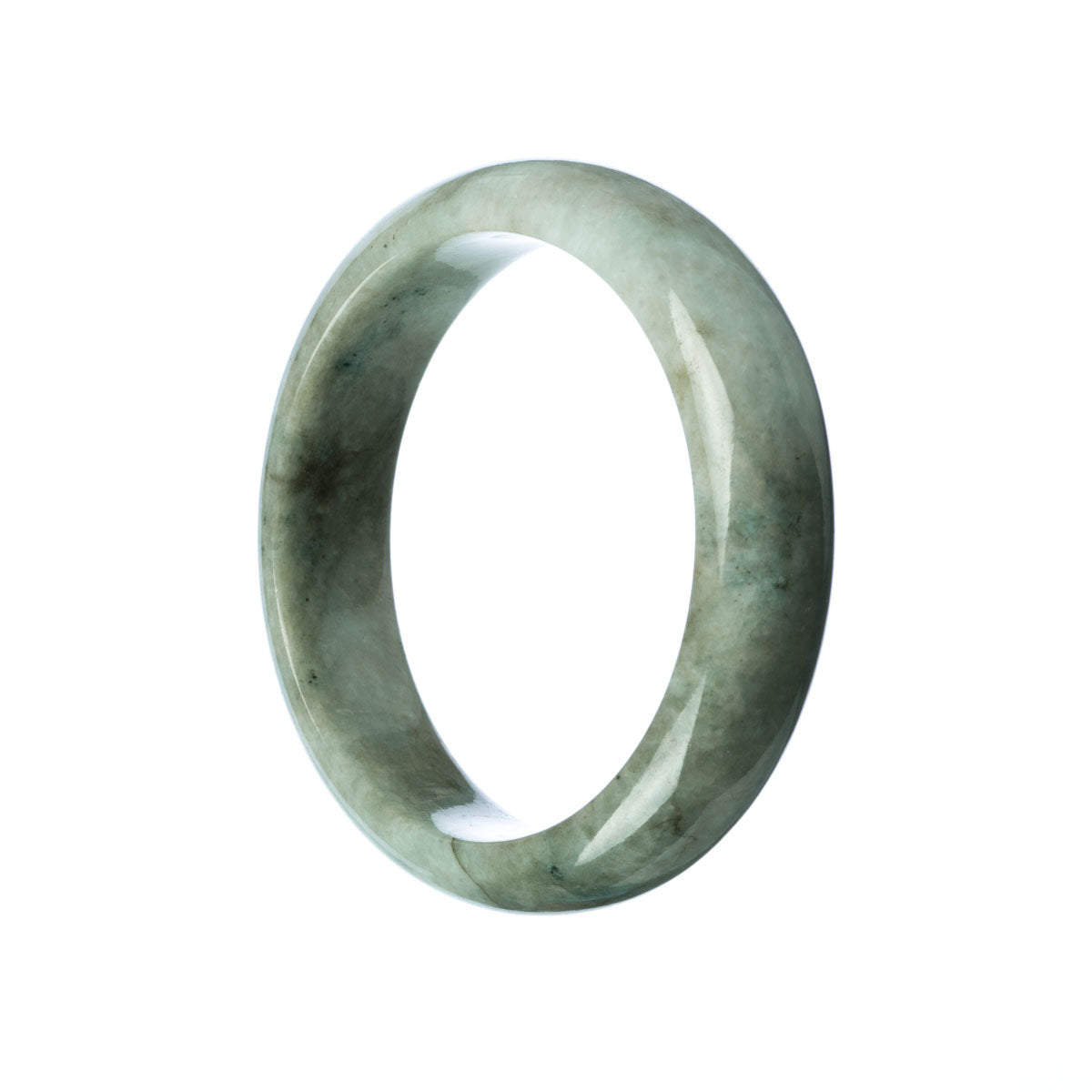 A genuine grey jadeite jade bangle with a half moon design, measuring 59mm in diameter.