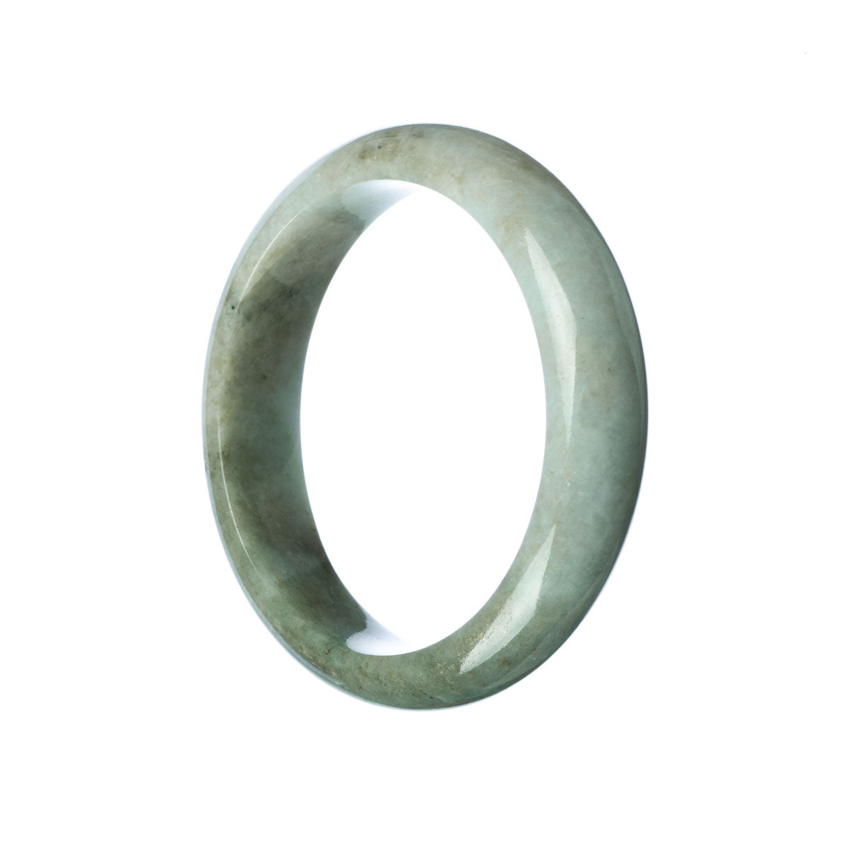 A stunning grey green jadeite bangle bracelet with a half moon design, made from high-quality grade A jade. Perfect for adding a touch of elegance to any outfit.