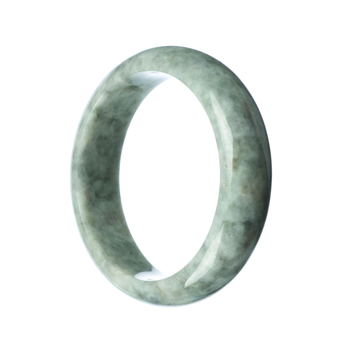 A close-up image of a half-moon shaped grey Burma Jade bracelet. The bracelet is made with genuine Type A jade, and has a diameter of 63mm. It is a stunning piece of jewelry crafted by MAYS GEMS.