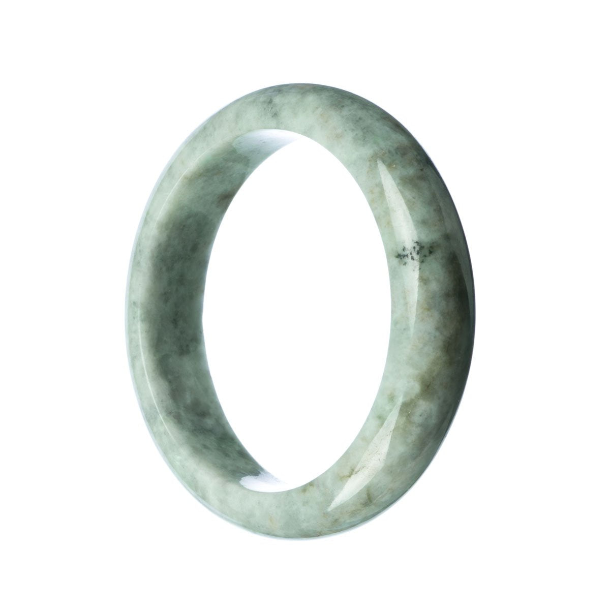 A grey traditional jade bangle with a half moon shape, measuring 62mm. This genuine untreated piece from MAYS GEMS is a stunning addition to any jewelry collection.