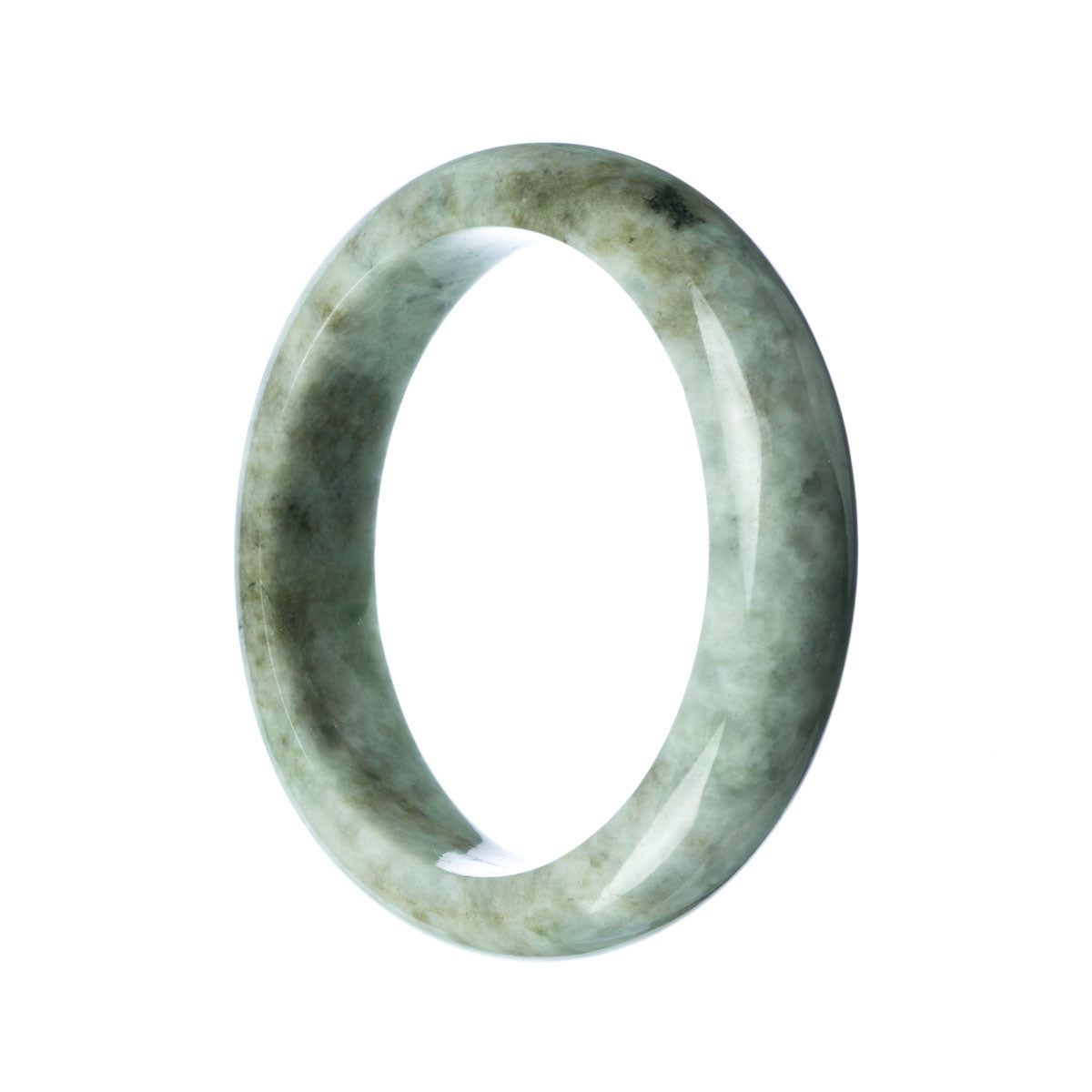 Close-up image of a stunning grey Burma jade bracelet in the shape of a half moon, measuring 62mm. The bracelet is made of genuine grade A jade and is a luxurious piece of jewelry from the MAYS™ collection.