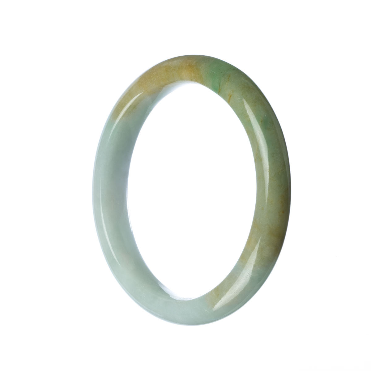 A close-up photo of a green and white jade bangle with a semi-round shape, measuring 61mm. The bangle is made of untreated jadeite jade and is sold by MAYS.