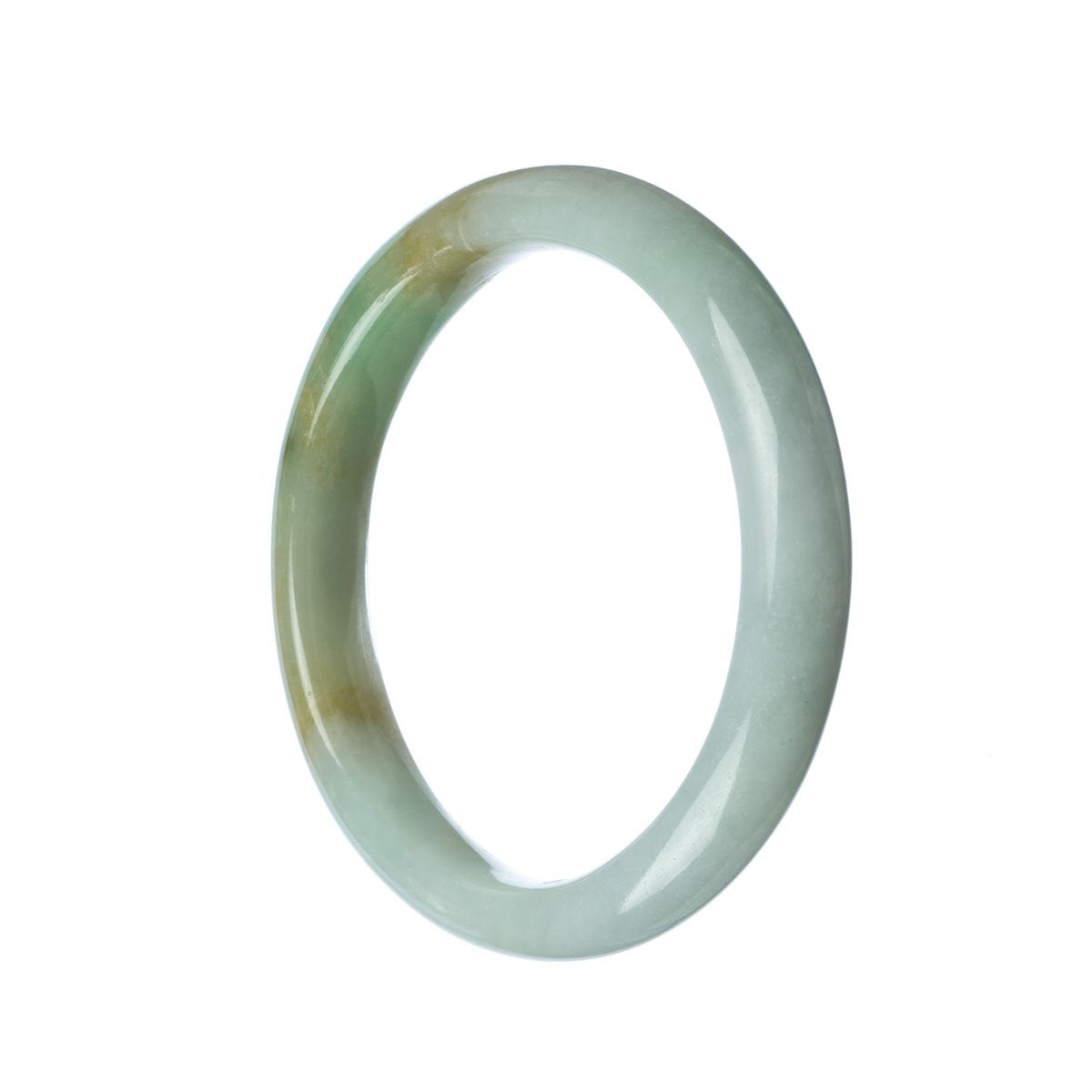 A close-up image of a beautiful, green and white jade bangle bracelet. The bracelet is made from genuine Grade A Burma jade and has a semi-round shape with a diameter of 61mm. It is a stunning piece of jewelry from MAYS GEMS.