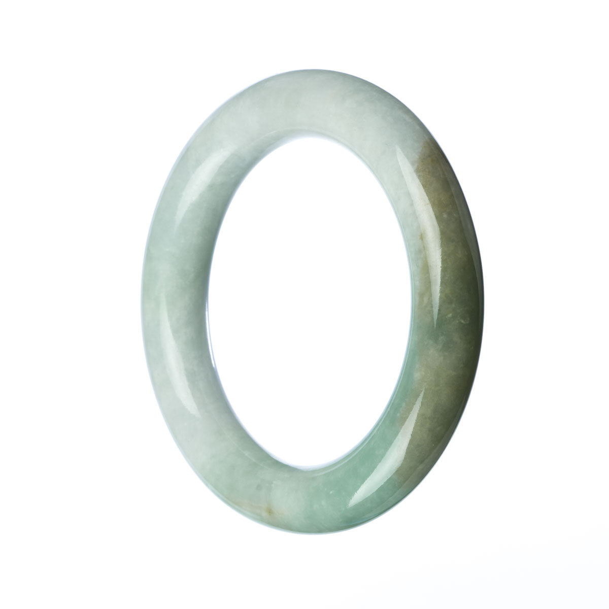 A close-up photo of a round, white and green jadeite bangle bracelet with a smooth surface and a diameter of 58mm. The bracelet is of high quality and is made from genuine Grade A jadeite. The brand name "MAYS" is engraved on the inner side of the bangle.