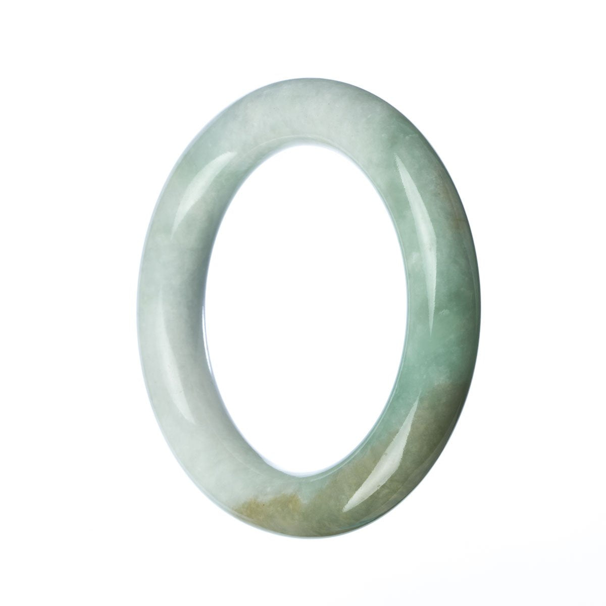 A round white and green jadeite bangle, measuring 58mm in diameter, sold by MAYS GEMS.