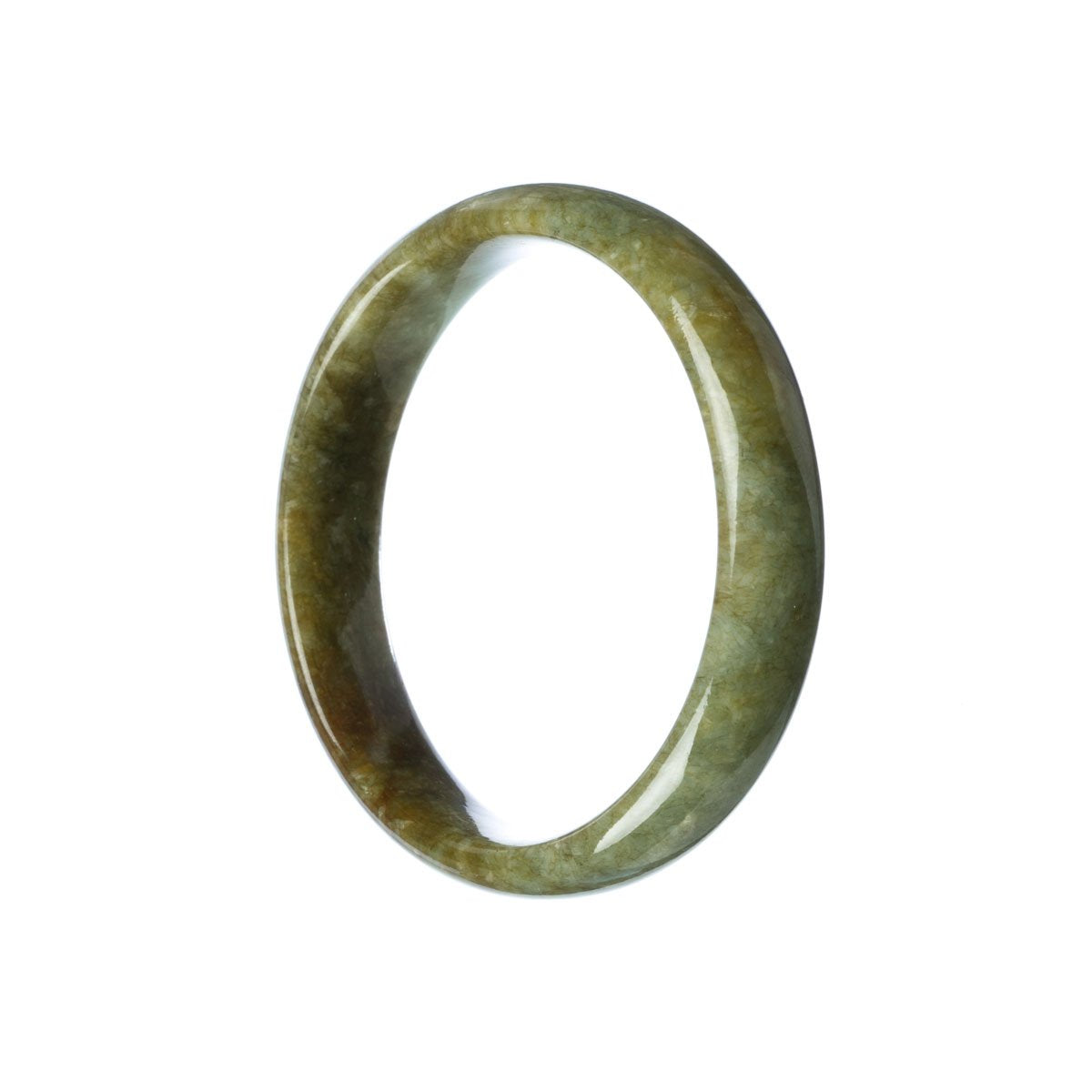 An elegant green-brown jade bangle bracelet with a half-moon design.